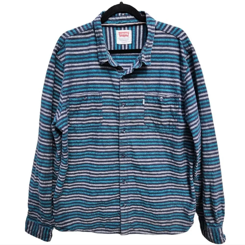 Levis Men's Abbey linen blend striped shirt casual button down teal grey 2XL XXL